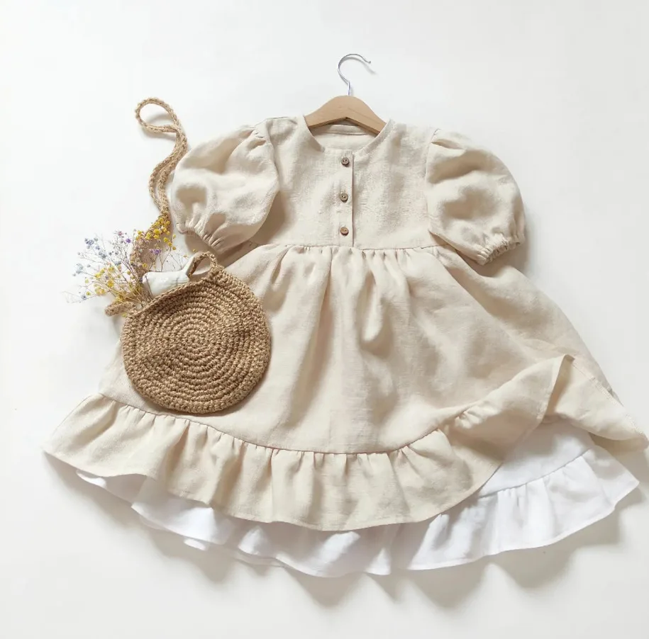 RTS Australia UK US Designer Toddler Children Dresses Puff Short Sleeve Cotton and Linen Princess Party Kids Dress Girls Linen