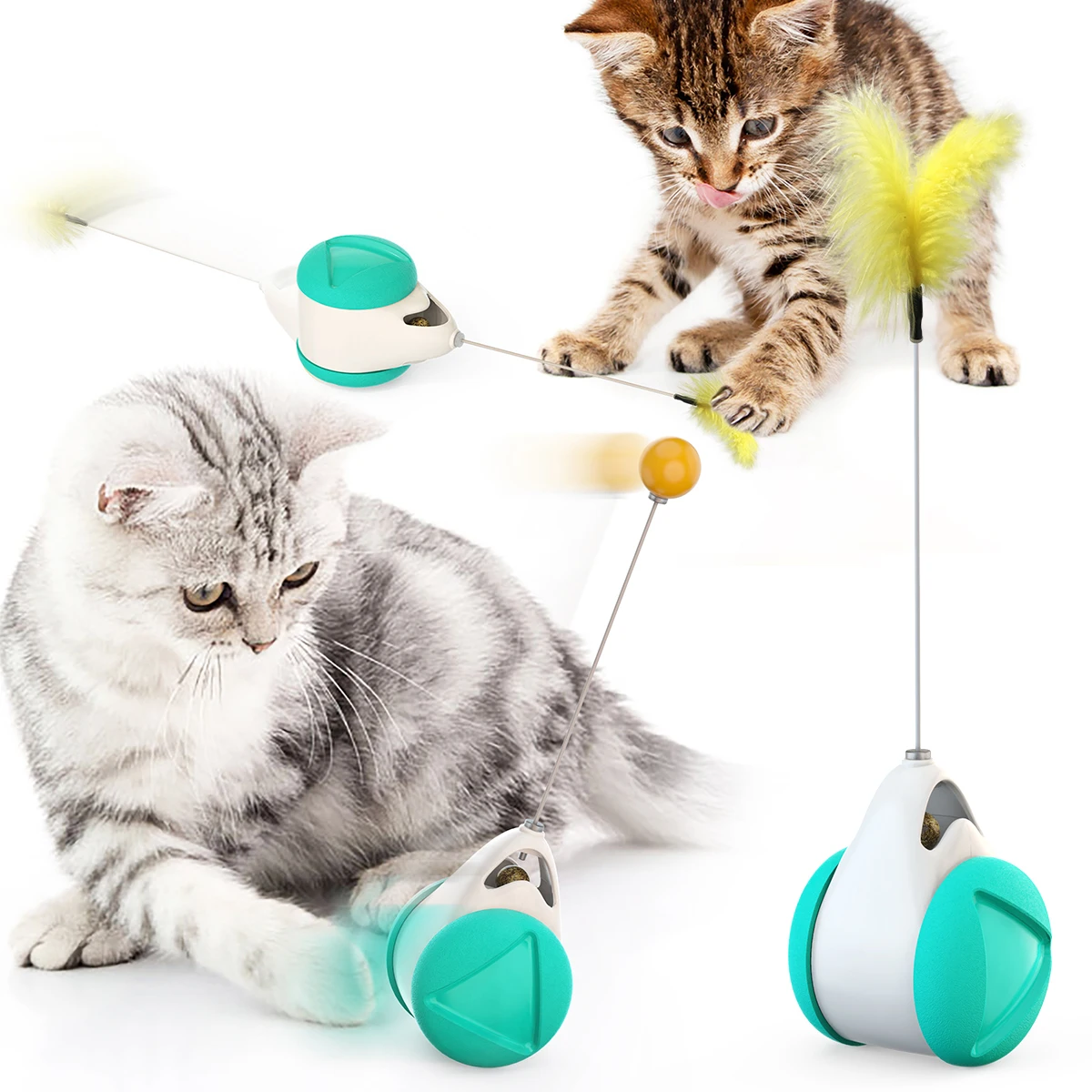 Training Catnip Ball Wheel Rotate Pet Tumbler Stick Feather Interactive Cat Toy with Owner