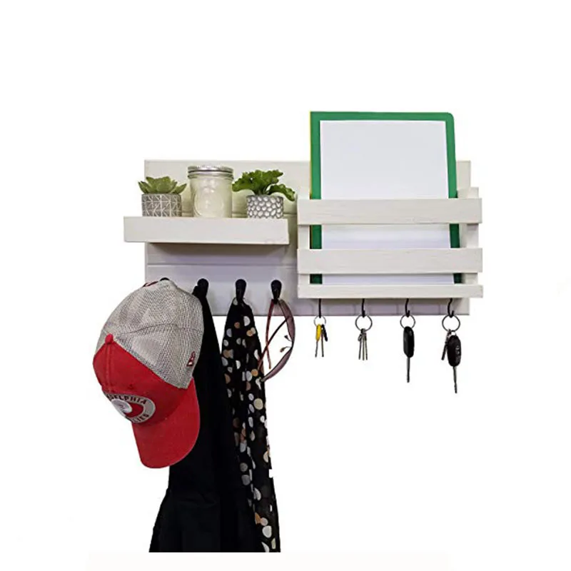 Handmade White Farmhouse Rustic Wall Mount Organizer Mail Holder Shelf with Key Coat Hooks for Anniversary Decor