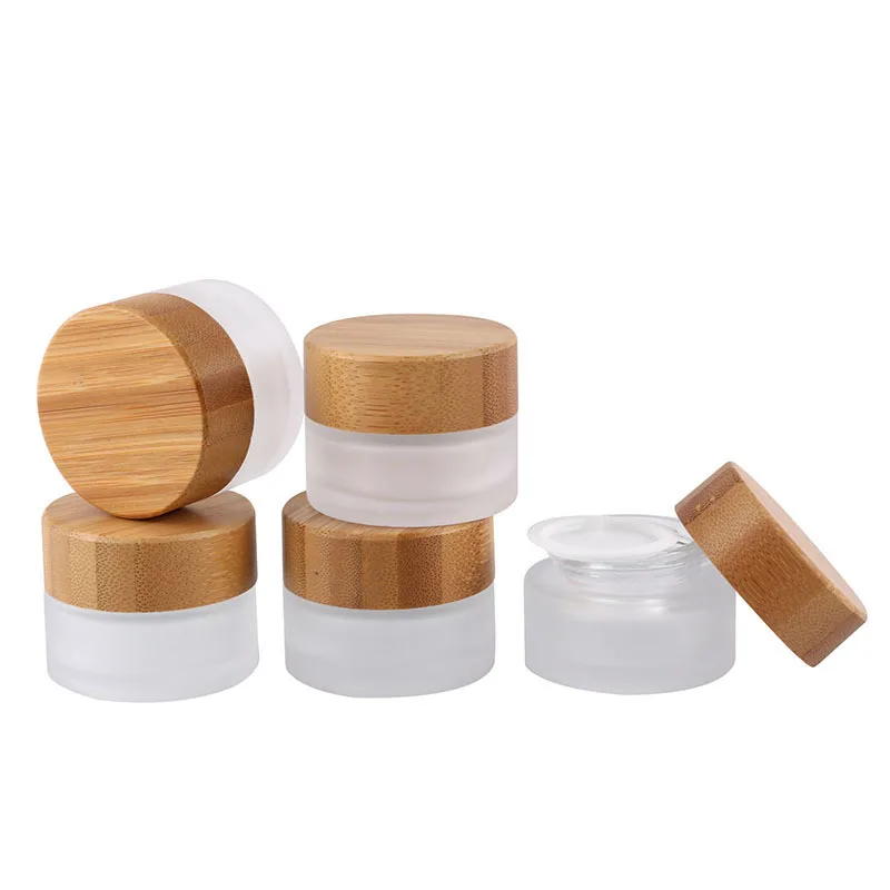 Luxury frosted glass jar with bamboo lid, 15g 30g 50g 100g 150g 200g bamboo wooden cosmetic jar for face cream