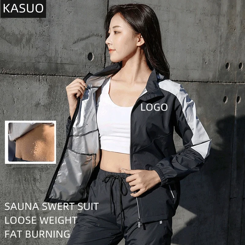 Couple sauna sweat suit man and woman fitness slimming fat burn hoodies and pant two pieces sliver high quality set loose weight