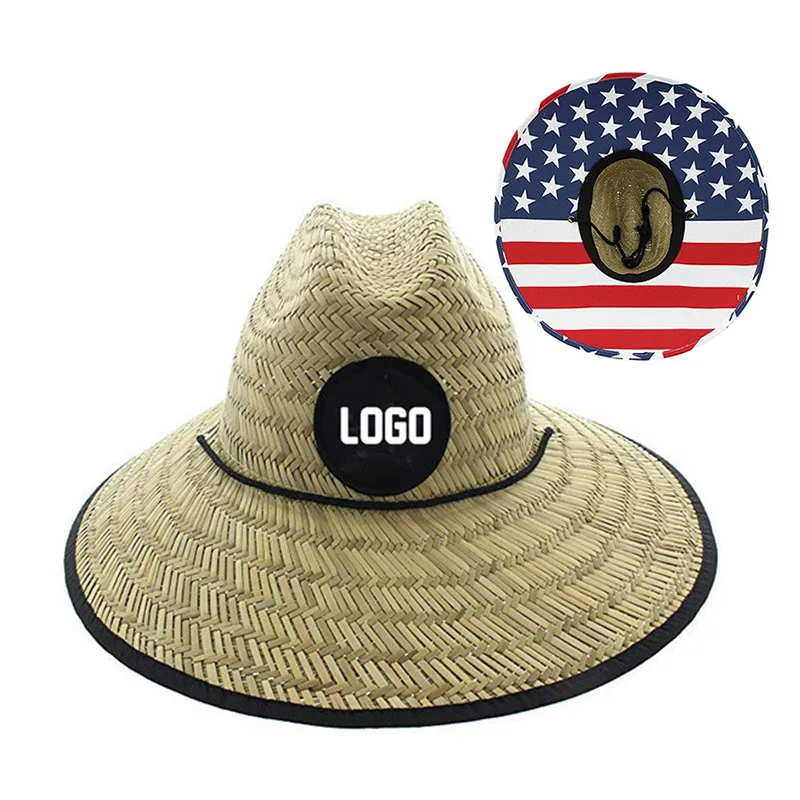Wholesale Summer Custom Logo Sombrero Beach Surf Hats Custom Under Brim Bottom Lifeguard Straw Hat