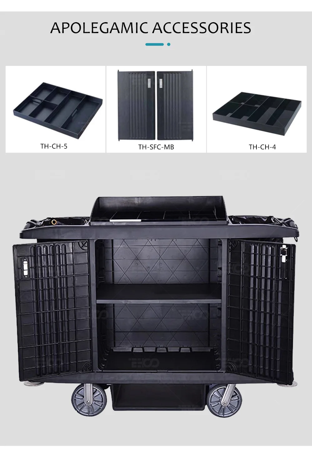 Foshan High Quality Hotel Multifunctional Plastic Utility Service Hand Carts Housekeeping Cleaning Maid Servicing Trolley Cart