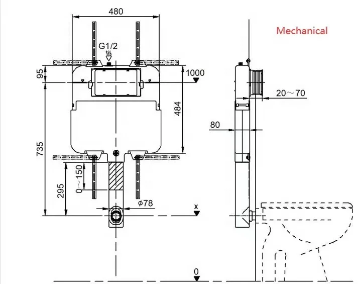 Universal mechanical toilet concealed water tank/cistern for bathroom made in China
