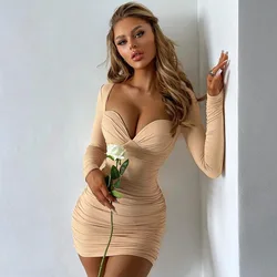 Wholesale Custom Lucky Label Fall Long Sleeve Bodycon Party Club Ruched Corset Short Women Stylish Sexy Mini casual Dresses
