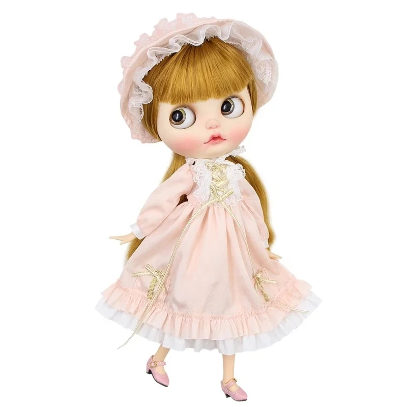 ICY DBS Blyth doll licca body lolita outfits pale pink dress with hat socks doll anime toy girls clothes for 12inch dolls