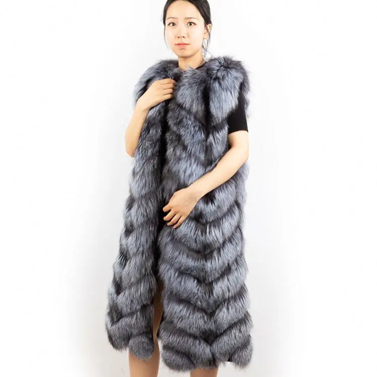 DH IATOYW 2019 Popular Women Real Fox Fur Gilet 110cm Long Wholesale Winter Silver Fox Fur Vest