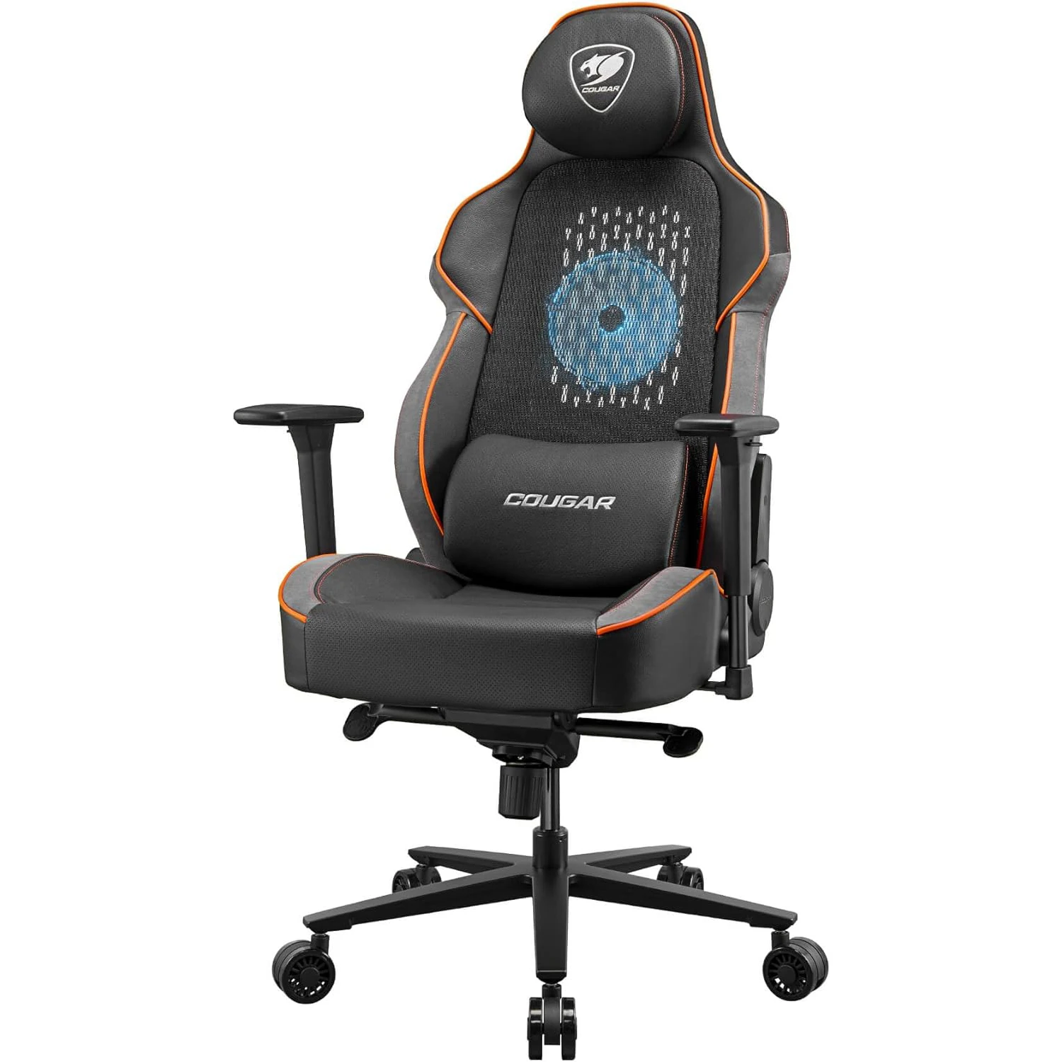 Cougar NXSYS AERO Orange Innovative Elastomeric RGB Fan Gaming Chair Mesh Magnetic head cushion and lumbar pillow