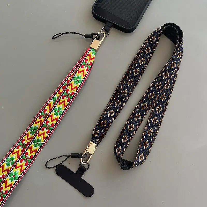 Custom Universal Bohemian Woven Shoulder Braided Crossbody Polyester Necklace Mobile Phone Strap Lanyard With Patch
