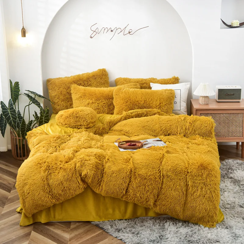 High Quality Eco-friendly Fluffy Faux Fur Shaggy Duvet Flannel Microfiber 4 PCS Duvet Bedding Set Bed Sheets Set Luxury