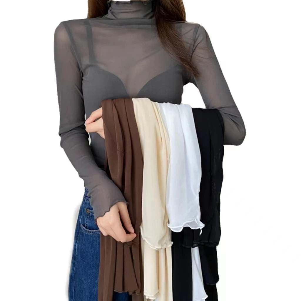 Underlay shirt for women, new layered long sleeved transparent mesh top