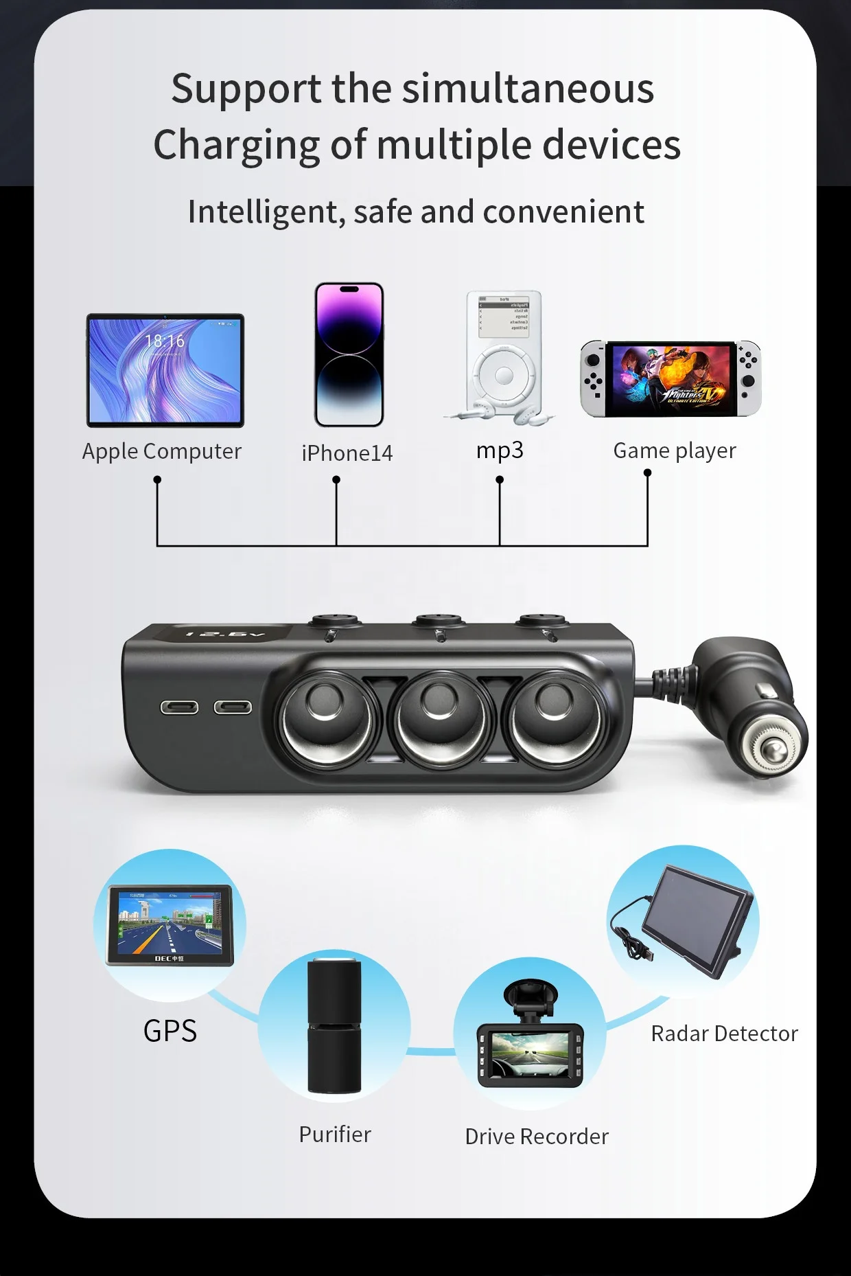 5USB 3A Dual USB Car Charger 3 Port LCD Display 12-24V Cigarette Socket Lighter Power Adapter Fast Car Charger