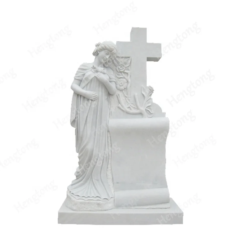 Cemetery Custom Hand Carved European Style White Marble Cross Design Tombstone