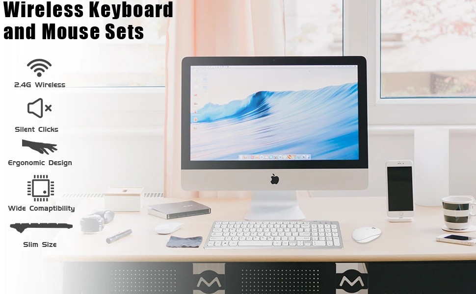 Ergonomic Compact  2.4G USB Nano Full Size 102 Key Scissors-key Quiet Wireless Keyboard and Mouse Combos