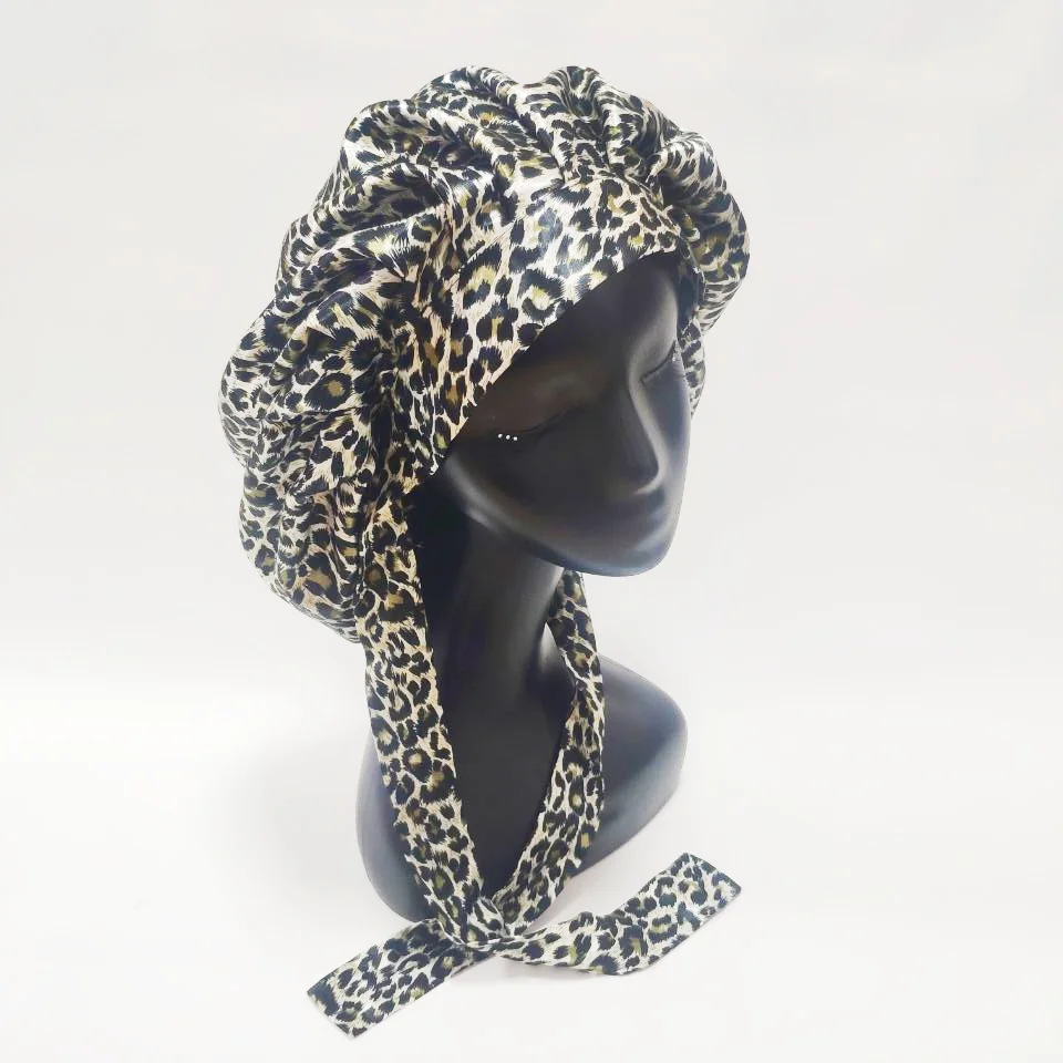 Womens hair hat silk night sleep Leopard print cap hair bonnet hat head cover satin turban bonnet