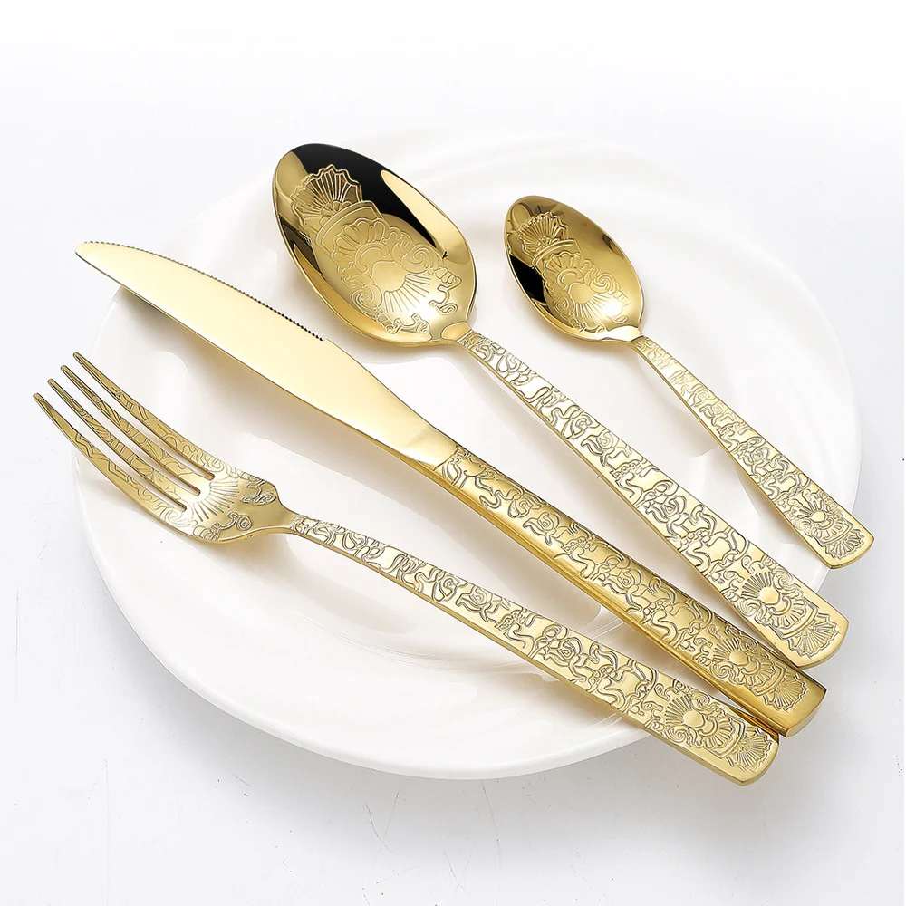 Royal Vintage Silverware 16 Pcs Mirror Stainless Steel Cutlery Gold Engraved Flatware Set for Hotel Wedding
