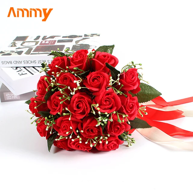 Ammy Amazon19 Roses Bridal Wedding Ribbon Beaded Bouquet soap  Flower Red Rose Bouquet Multi color