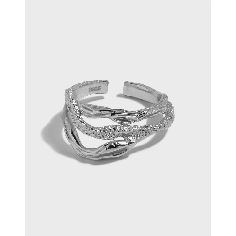 925 sterling silver irregular pleated lines outline concave and convex texture double-layer design opening ring
