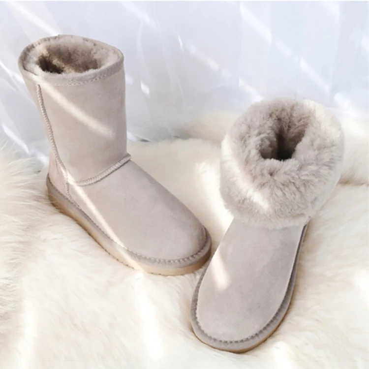 Fashion Popular Soft Warm Mid Calf Genuine Fur Indoor Flat Ladies Sheepskin Snow Winter Boots