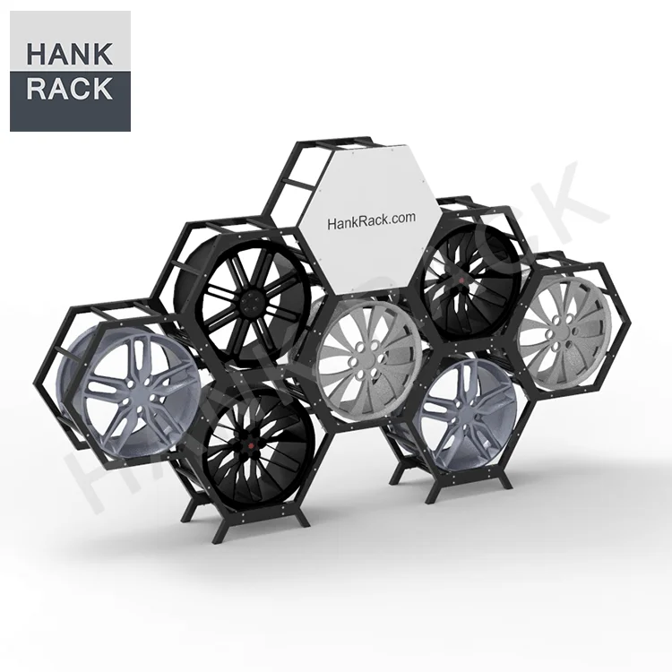 Specialty Customized Honeycomb Hexagonal Shape Hive Metal Hook Alloy Tire Stand Wheel Rim Display Rack