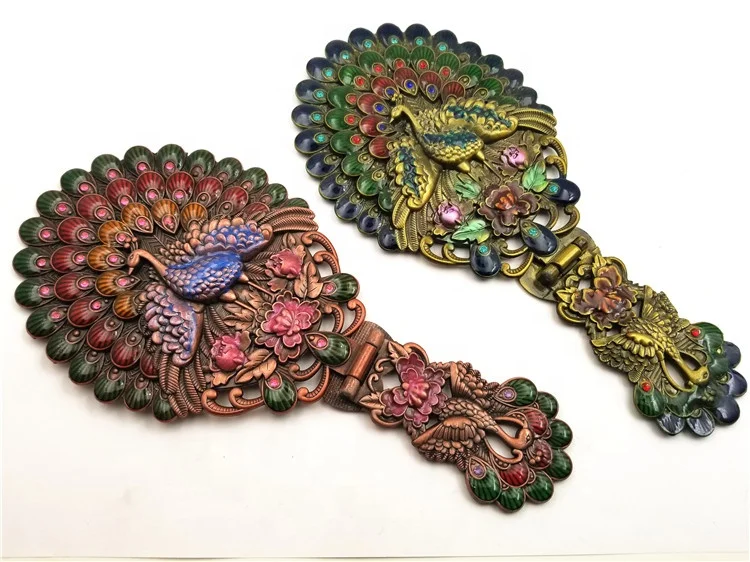 Portable Vintage Tin Peacock Folding Makeup Mirror And Comb For lady gift