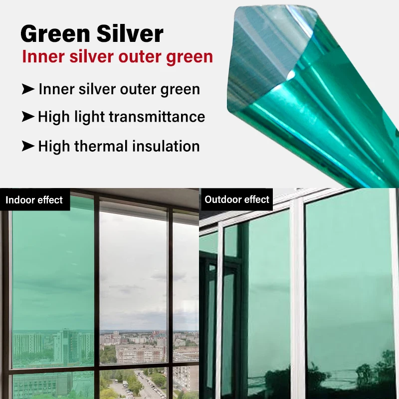 Green Silver Reflective One Way Vision Window Tint Building Film Heat Insulation And Privacy Protection Film