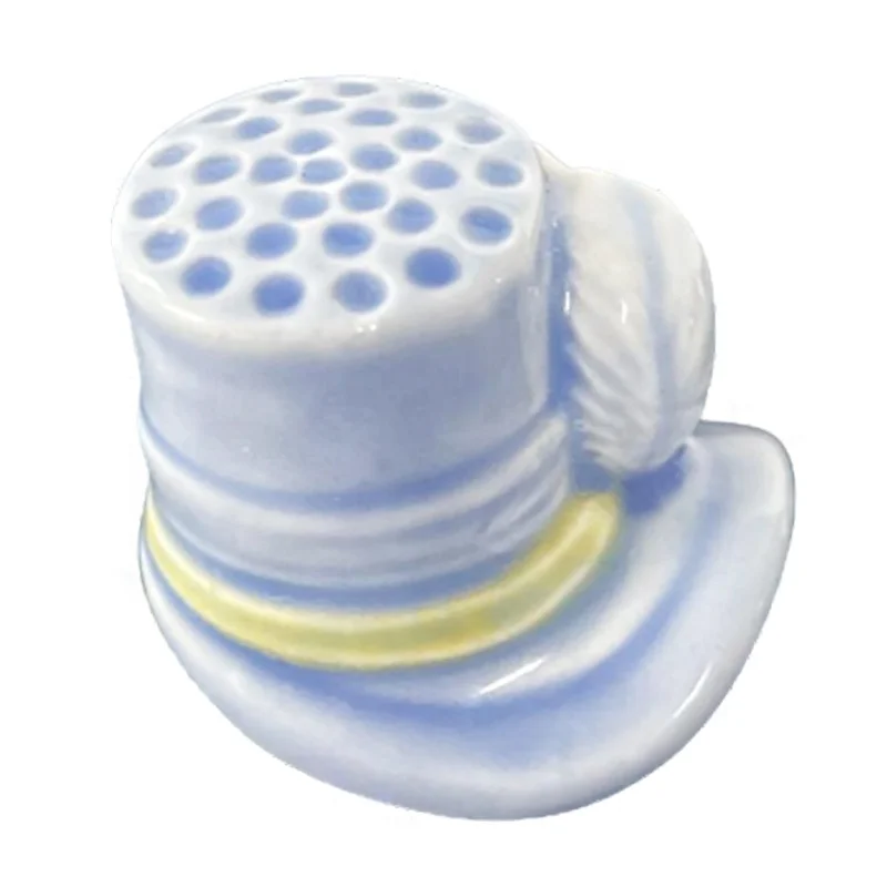 Custom tailors sewing accessories ceramic figure thimble porcelain light blue white yellow ribbon bow hat shaped finger thimbles