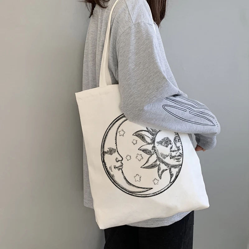 Vintage Sun Cartoon Printed Large-capacity Canvas College Cute Canvas Shoulder Bag Tote for Packaging Handbag