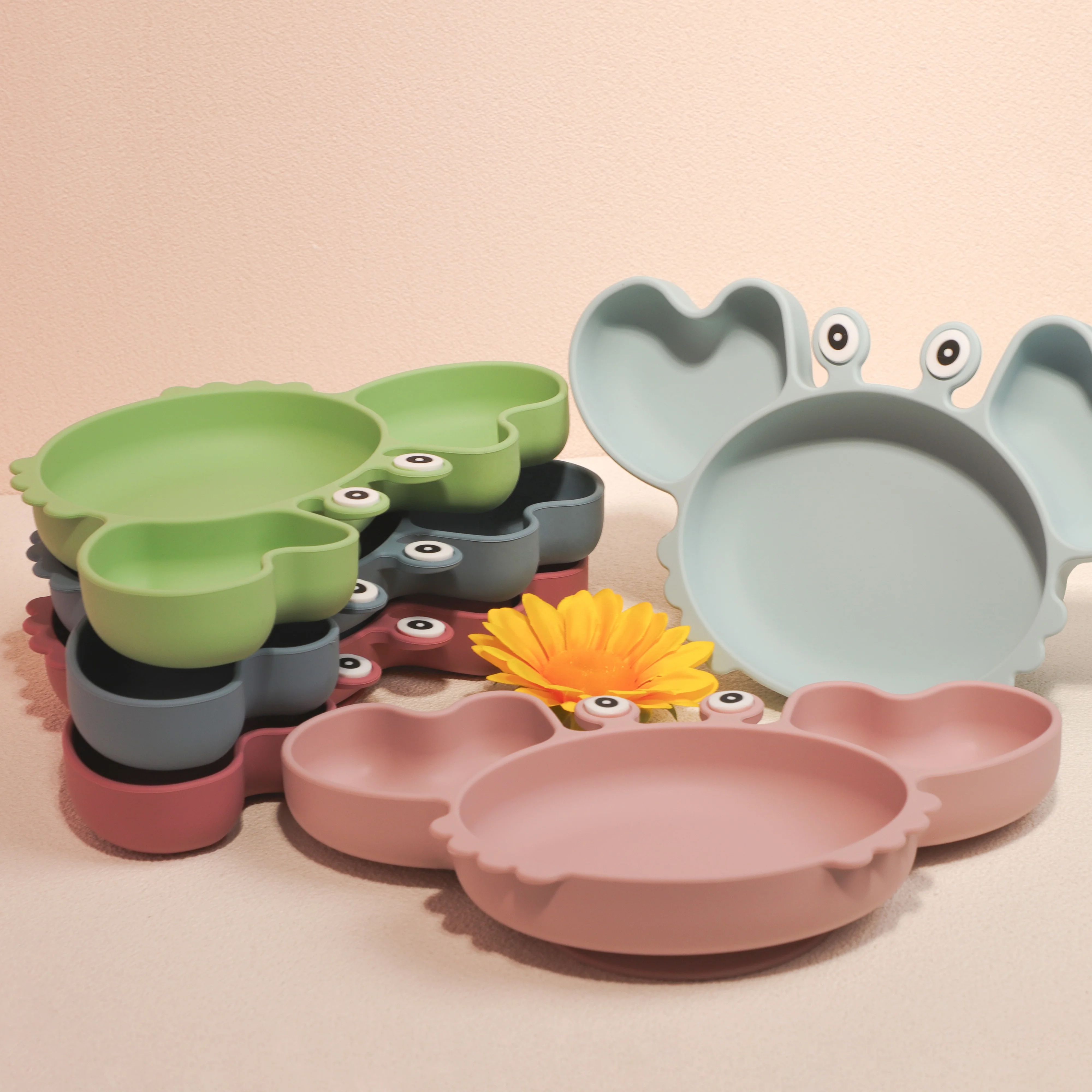 ES-Pro Marine Guardian Factory Custom Cute Baby Silicone Feeding Plate Set Product Babi Suction kid Plates Divided Crab Plate