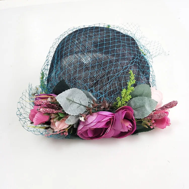 
241HC Elegant Cocktail Hat With Flowers Women Kentucky Derby Fedoras Sinamay Fascinators Hats 