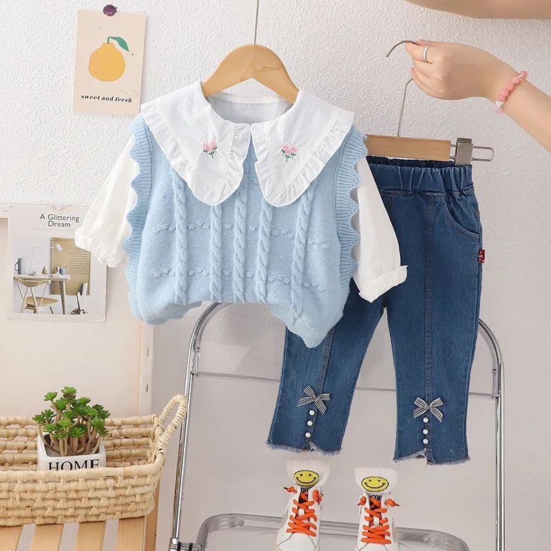 New arrival spring autumn toddler girls knitting sweater vest + floral collar shirt + jeans pants 3 pieces clothing set