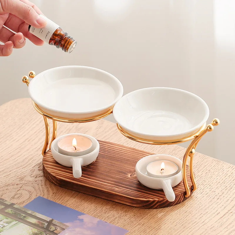 Wood bottom double arc double dish creative aromatherapy stove essential oil heating lamp Wax Melt Burner