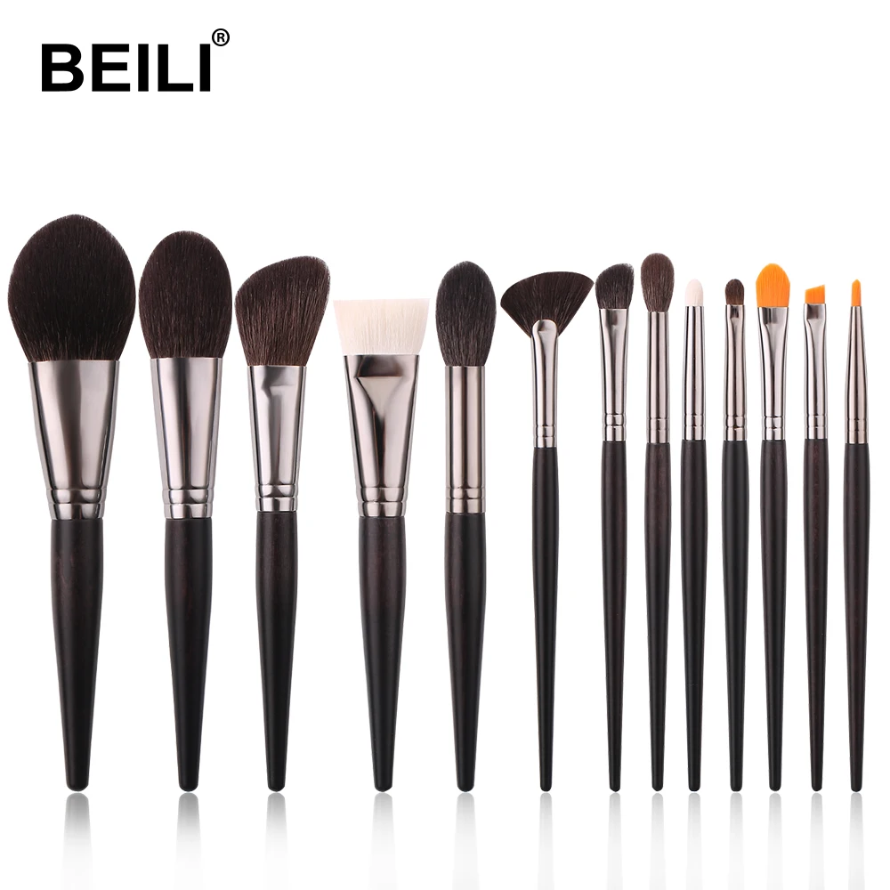  BEILI Natural Black color wood handle makeup brush set 13pc Powder Foundation Goat Pony Synthetic hair private