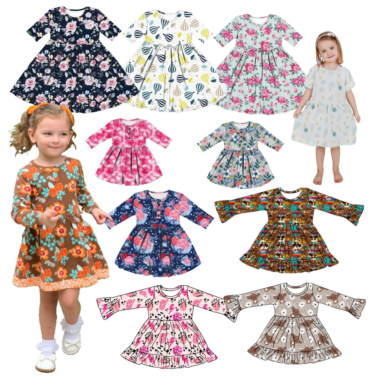 Yiwu Yiyuan Garment casual dresses for girls kids 6 up milk silk twirl dress toddler ruffle hem long sleeve autumn dress