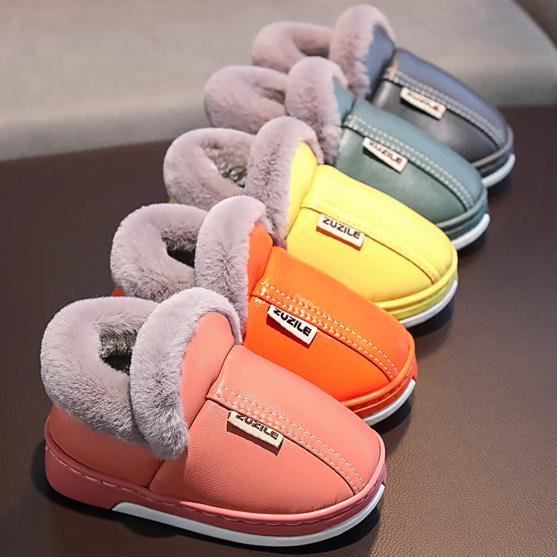 Winter Children Warm Shoes For Boy Girl Cotton Slippers PU Leather  Kid Non-slip Waterproof Shoes Fashion Home Warm Casual Shoes