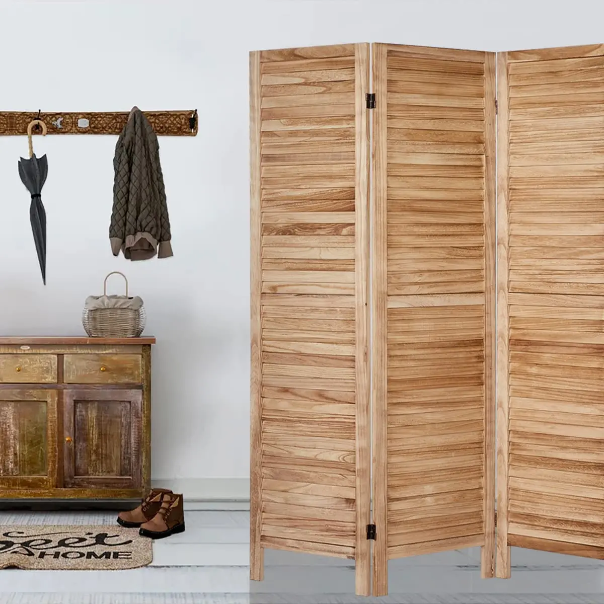 Custom Natural Woven Design Brown Color 6 Panel Folding Screen Wooden Privacy Screen Panels Restaurant Indoor Wall  Room Divider