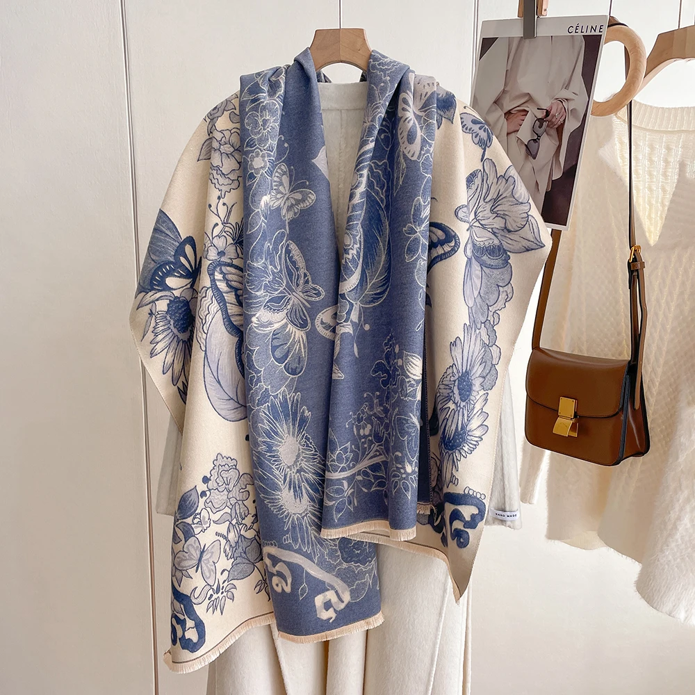 High quality Winter printed flower designer pashmina Acrylic thick knitted scarf cashmere scarfs for women stylish