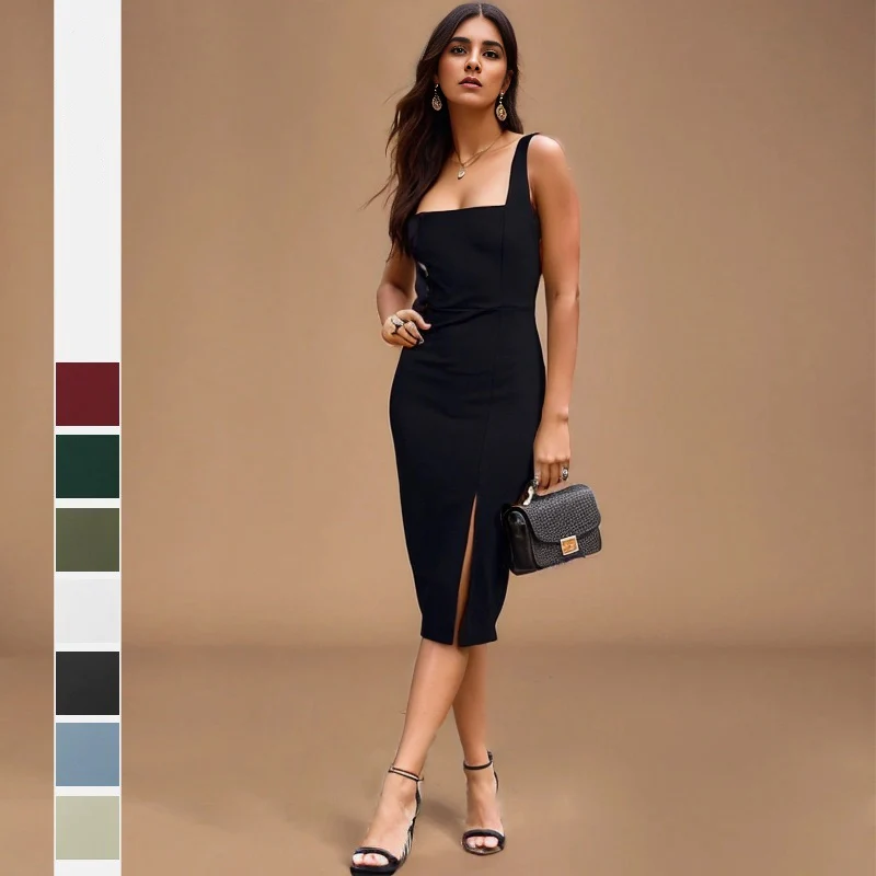 Alike Spring Women Sexy Round Neck Solid Slimming Hem Ruched Drawstring Sleeveless Split Tank Long Dress