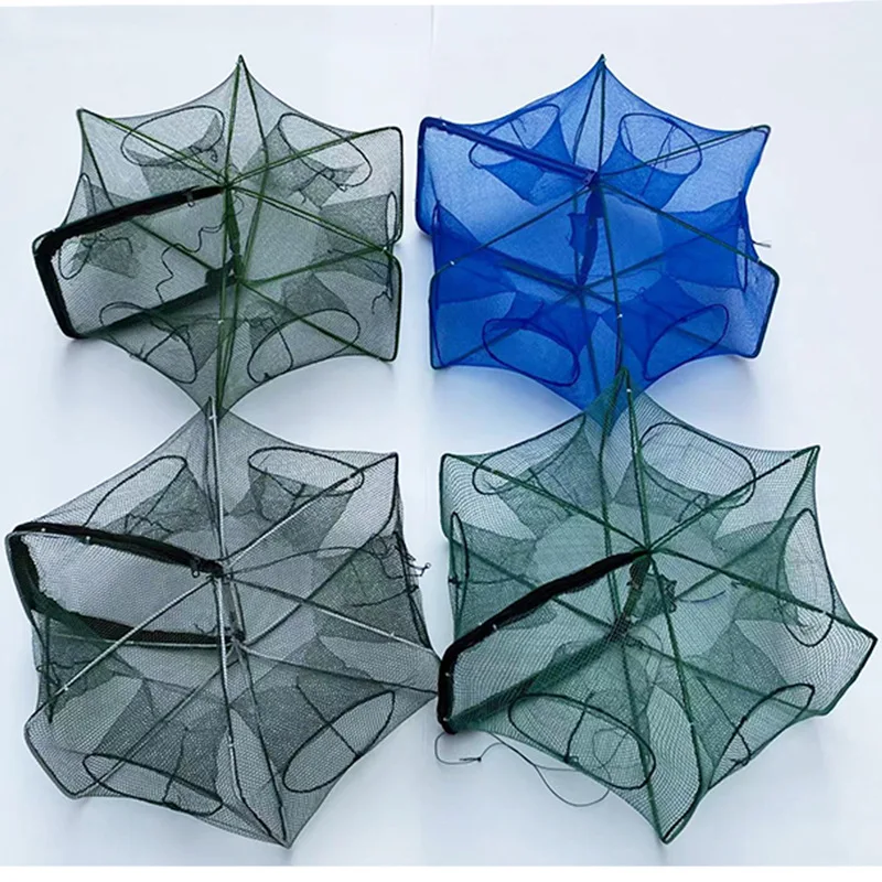 Folding Fishing Trap Net Shrimp Cages for Fishing Cages Wholesale 6-20 Hole Nylon PE Stainless Steel Wire Green Monofilament