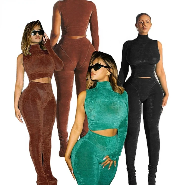 Winter Clothes For Women Tracksuits Slim Fit Outfit Solid Turtleneck Crop Top High Waist Pant Bodycon Casual Two Piece Set