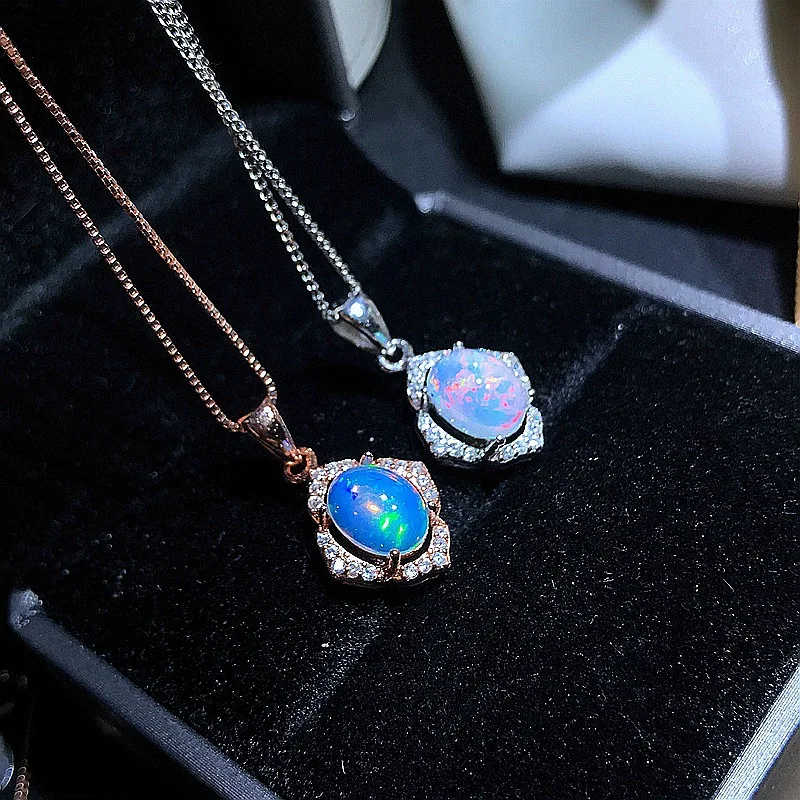 2CT Natural Opal Necklace Unique Halo Vintage Pendants S925 Sterling Silver 6*8mm Oval Cut Opalus Jewelry Wholesale