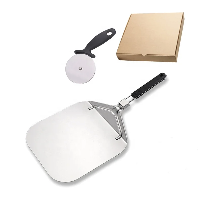 Ready to ship 2pk pizza tools set aluminum foldable turning pizza paddle peel  with soft touch foldable handle and pizza cutter