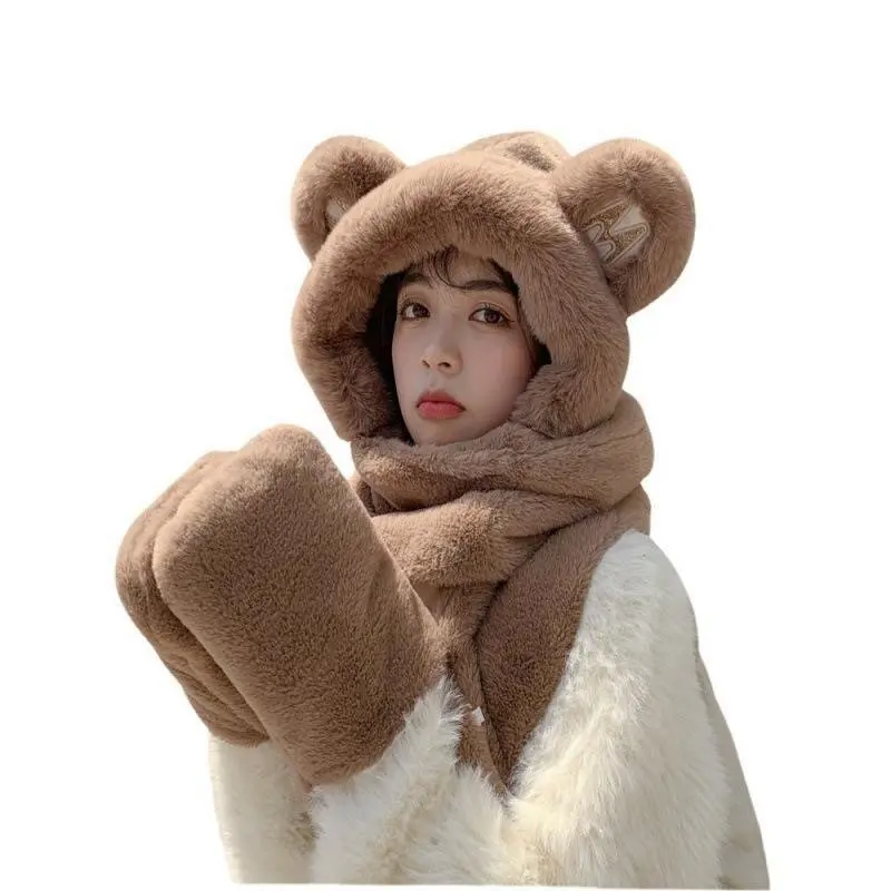 Bear hat, scarf and gloves one warm ear protection three-piece female autumn and winter Bata cute hooded plush