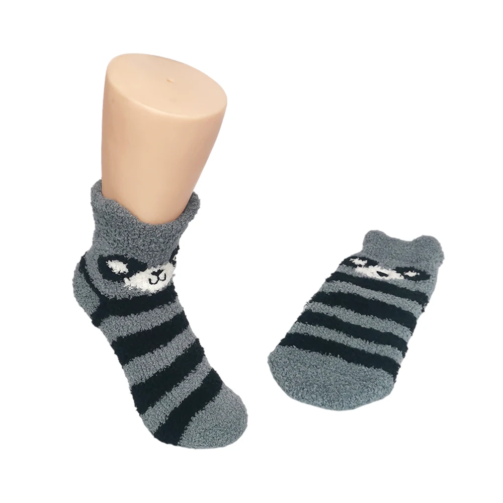 Hot sell cute bear striped coral velvet fluffy fuzzy socks women winter warm animal Indoor Knitted  floor slipper socks