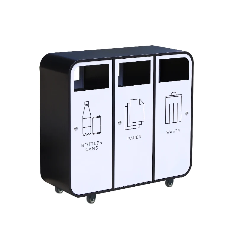 Metal mobile 3 compartments trash bin outdoor waste and recycled trash can commercial large garbage bin for public area