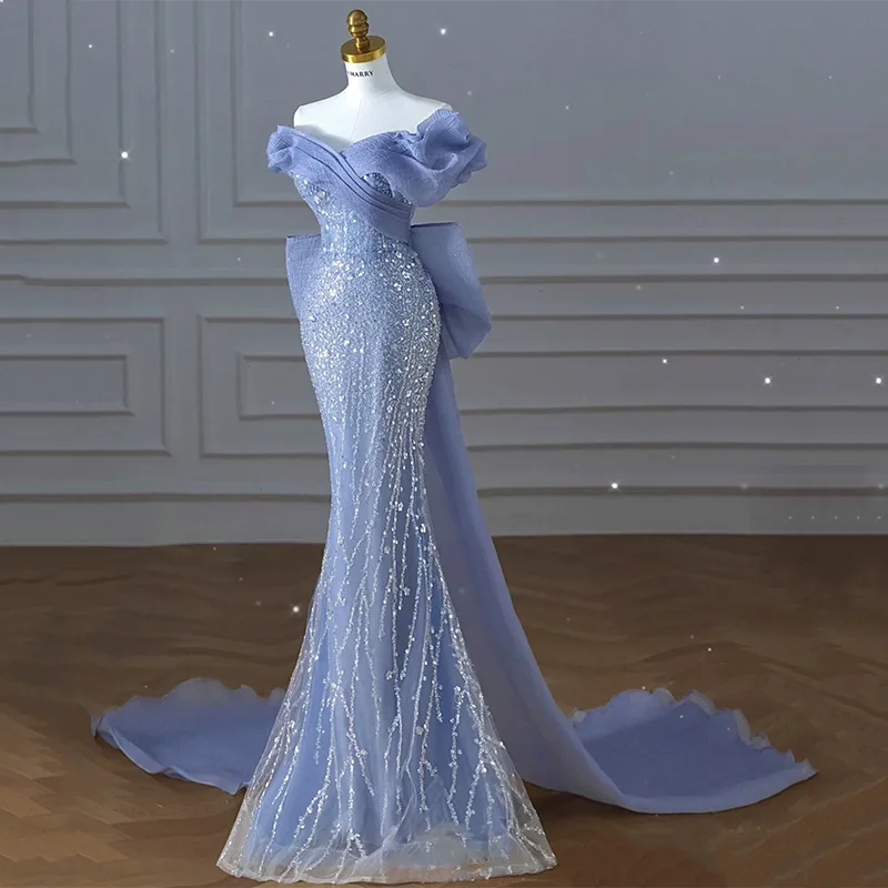 2024 New Haze Blue Host Heavy Industry Beads Mermaid Toast off-Shoulder Wedding Dress