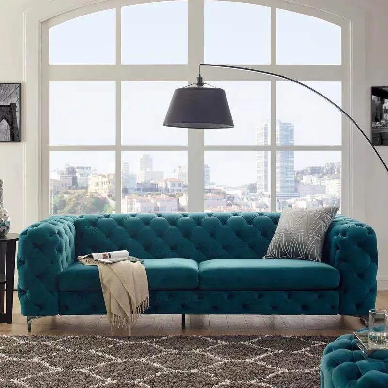 Modern Velvet Chesterfield Sofa Tufted Back Living Room Sofas