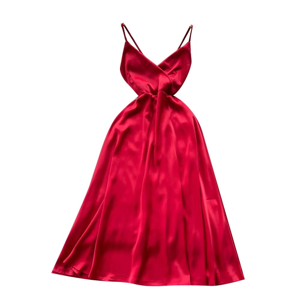 Summer Sleeveless Silk Casual Dress Women High Waist Midi A-Line Dress Ladies Sexy Dresses Clothes Women Wholesale