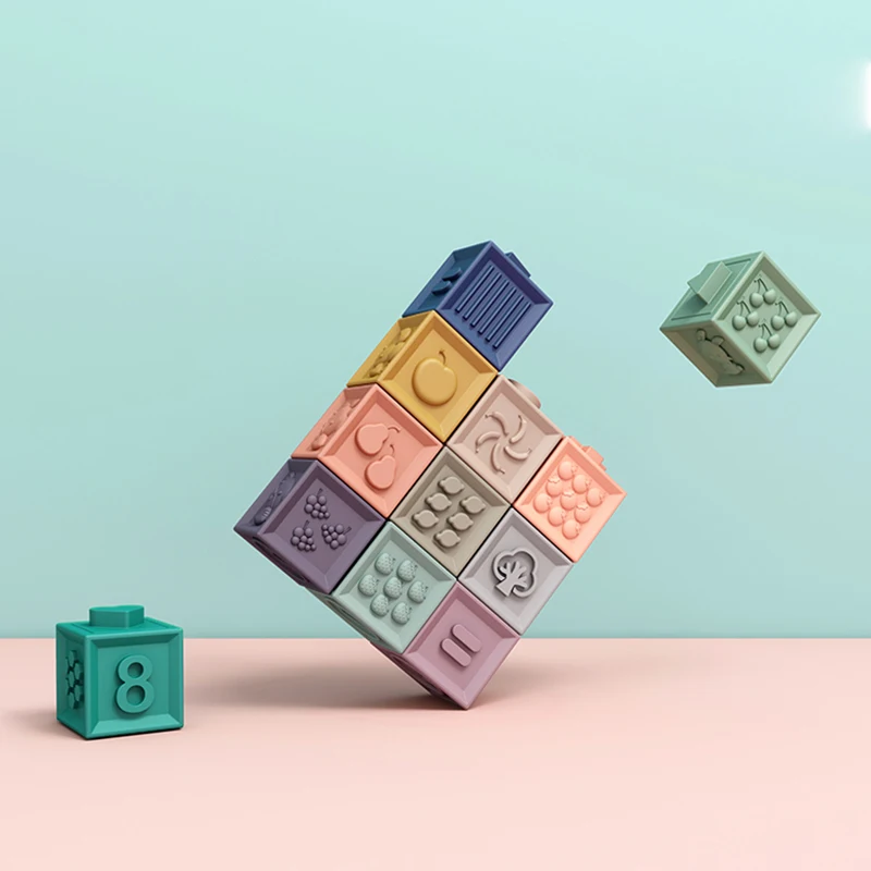 
2021 Baby Soft Toys Sensory Silicone Educational Building Blocks 3D Babies Rubber Teether Squeeze Bath Toys For Toddlers 