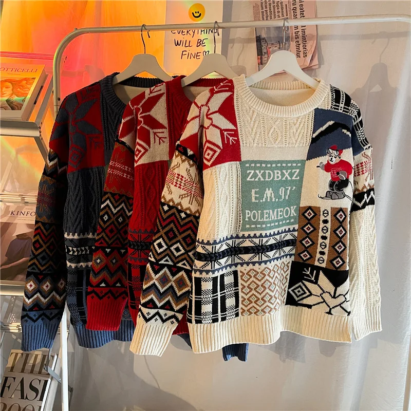 Loose thick and warm knit sweater autumn and winter Trendy and versatile unisex outfit Christmas couple sweater